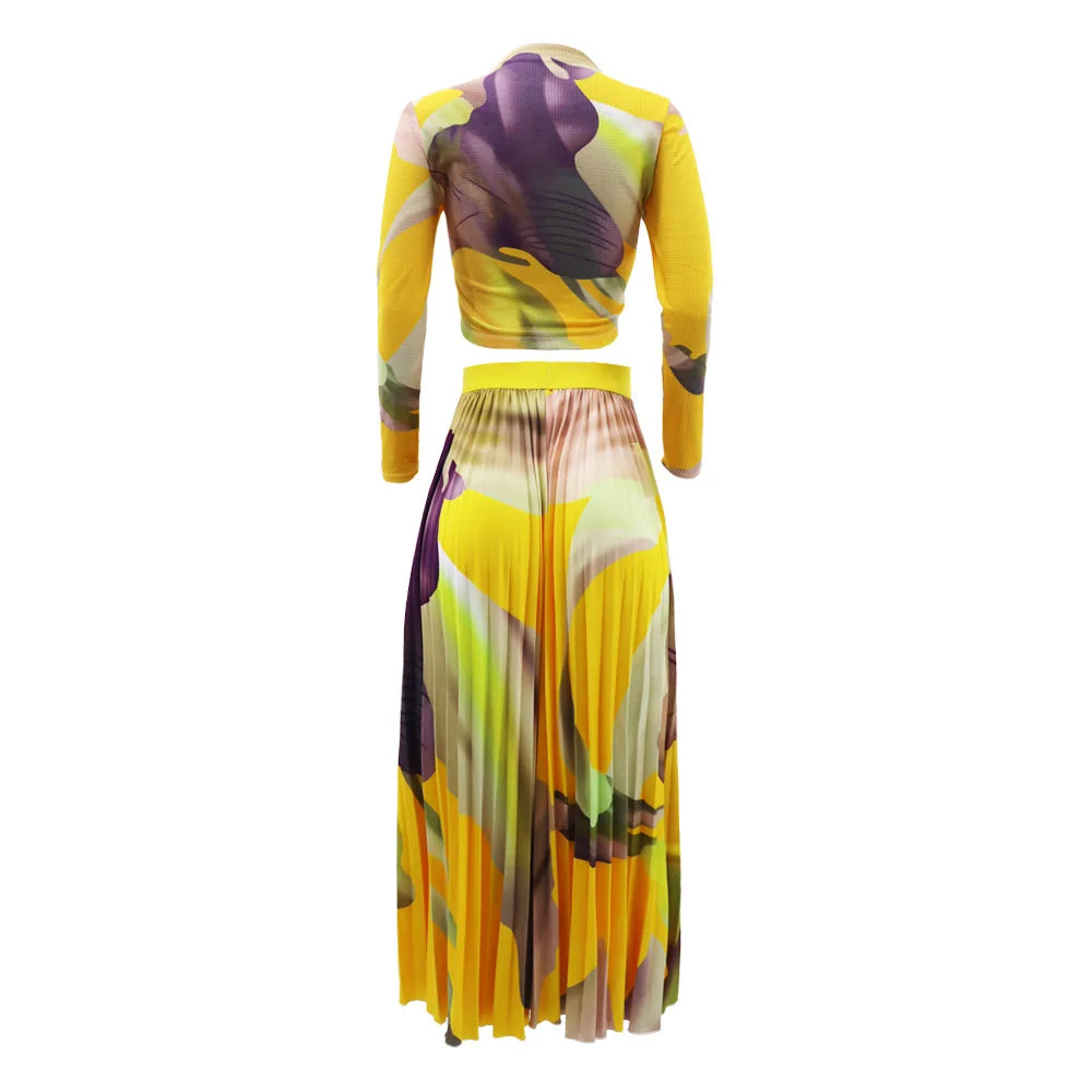 2 Piece Sets Womens Outfits Fashion Waffle Long Sleeved Pullover Short Top Elegant Pleated Skirt Tie Dye Autumn Two-Piece Set