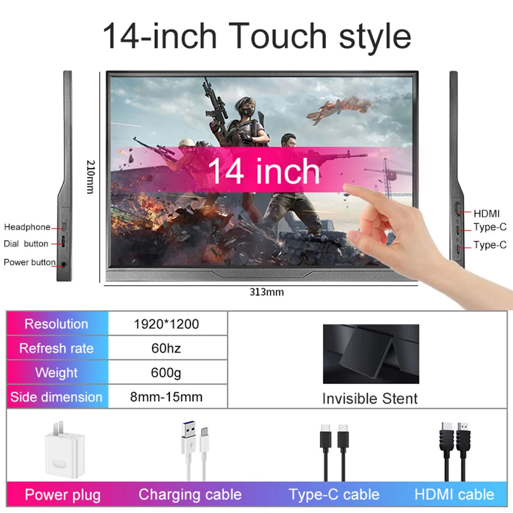 14inch Portable Monitor Ultra-thin 1200P IPS USB-C HDMI External Second Screen for Laptop PC Cell Phone Switch Xbox PS4/5 Xbox