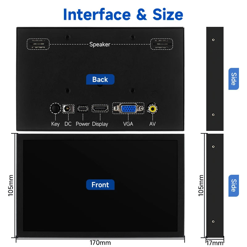 7 Inch Portable Display IPS 1024x600 LCD HDMI-compatible VGA AV Input DC Type C Power In for PC Laptop Camera TV Box DVD Screen