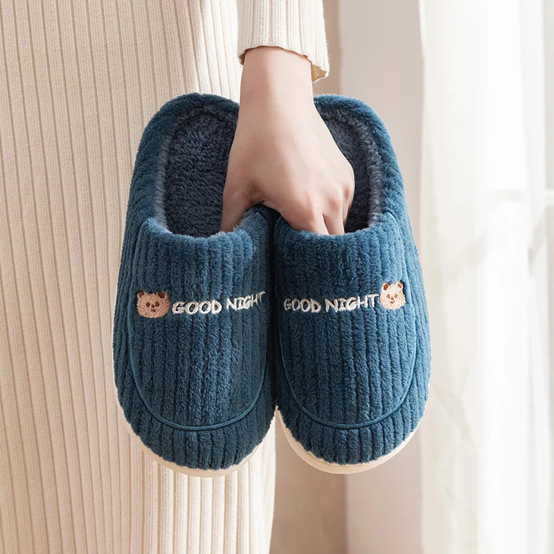 New Women Home Slippers Men Furry Indoor Bedroom Flats Warm Plush Couples Cute Cartoon Bear Winter Floor Slides Non-slip Shoes