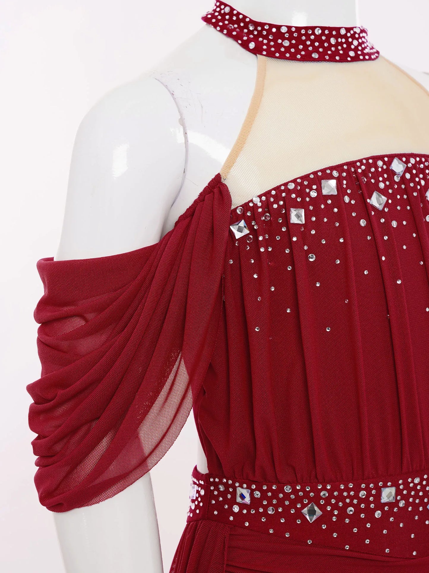 Kids Girls Lyrical Dance Leotard Dress Halter Backless Cutout Back Shiny Rhinestones Ruched Mesh Drape Dresses Modern Dancewear