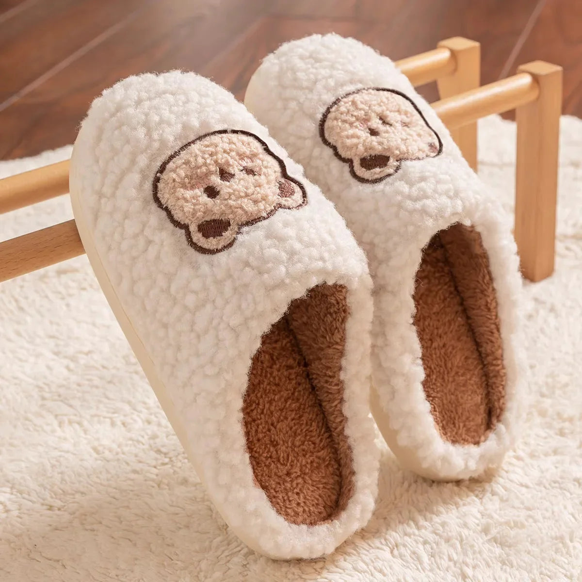 New Women Home Slippers Men Furry Indoor Bedroom Flats Warm Plush Couples Cute Cartoon Bear Winter Floor Slides Non-slip Shoes