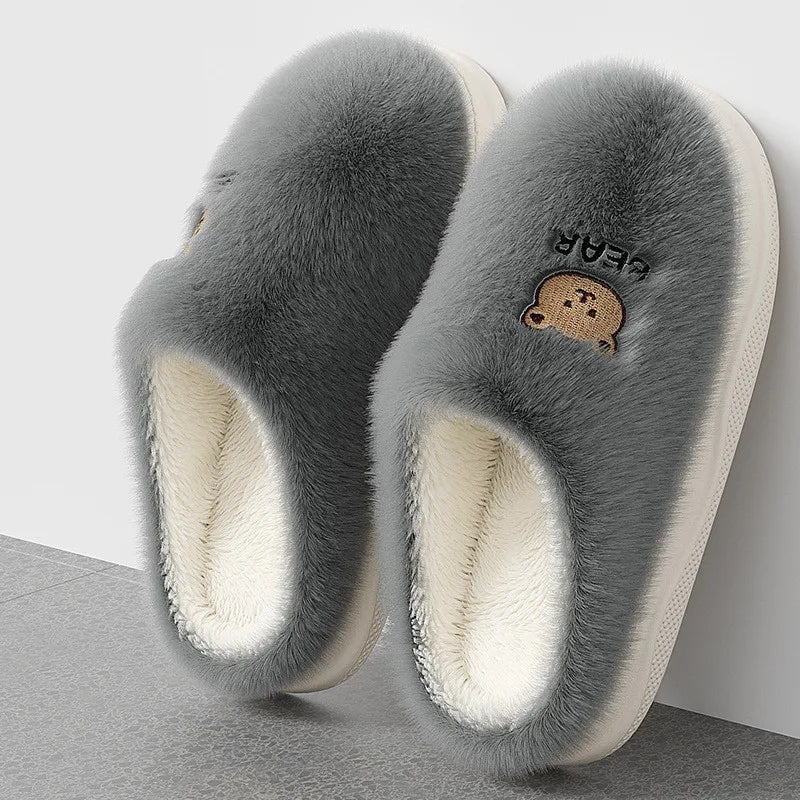 New Women Home Slippers Men Furry Indoor Bedroom Flats Warm Plush Couples Cute Cartoon Bear Winter Floor Slides Non-slip Shoes