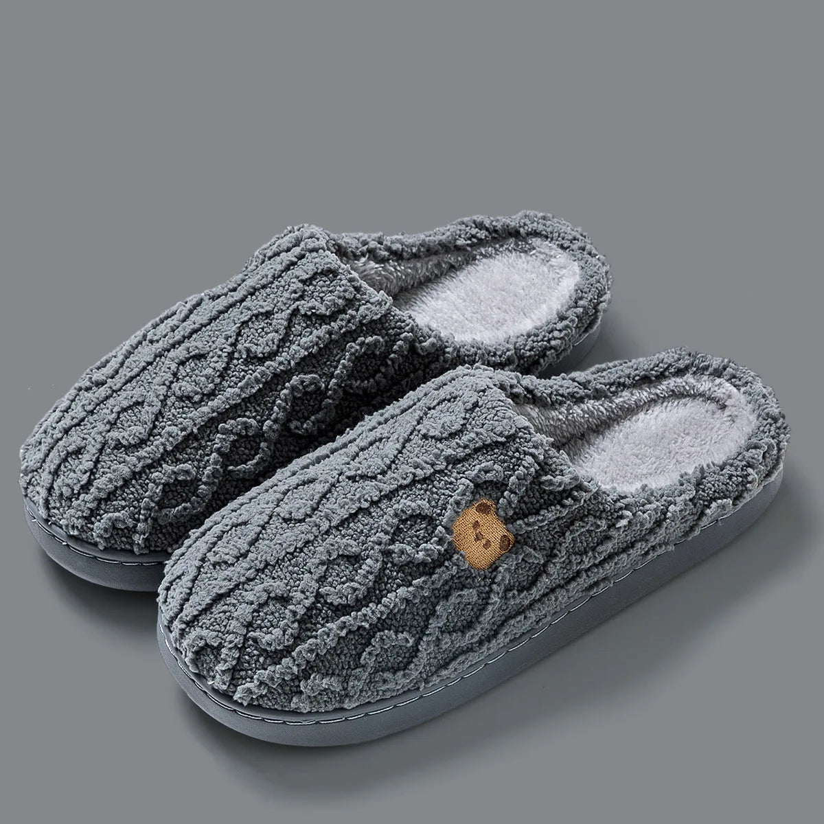 New Women Home Slippers Men Furry Indoor Bedroom Flats Warm Plush Couples Cute Cartoon Bear Winter Floor Slides Non-slip Shoes