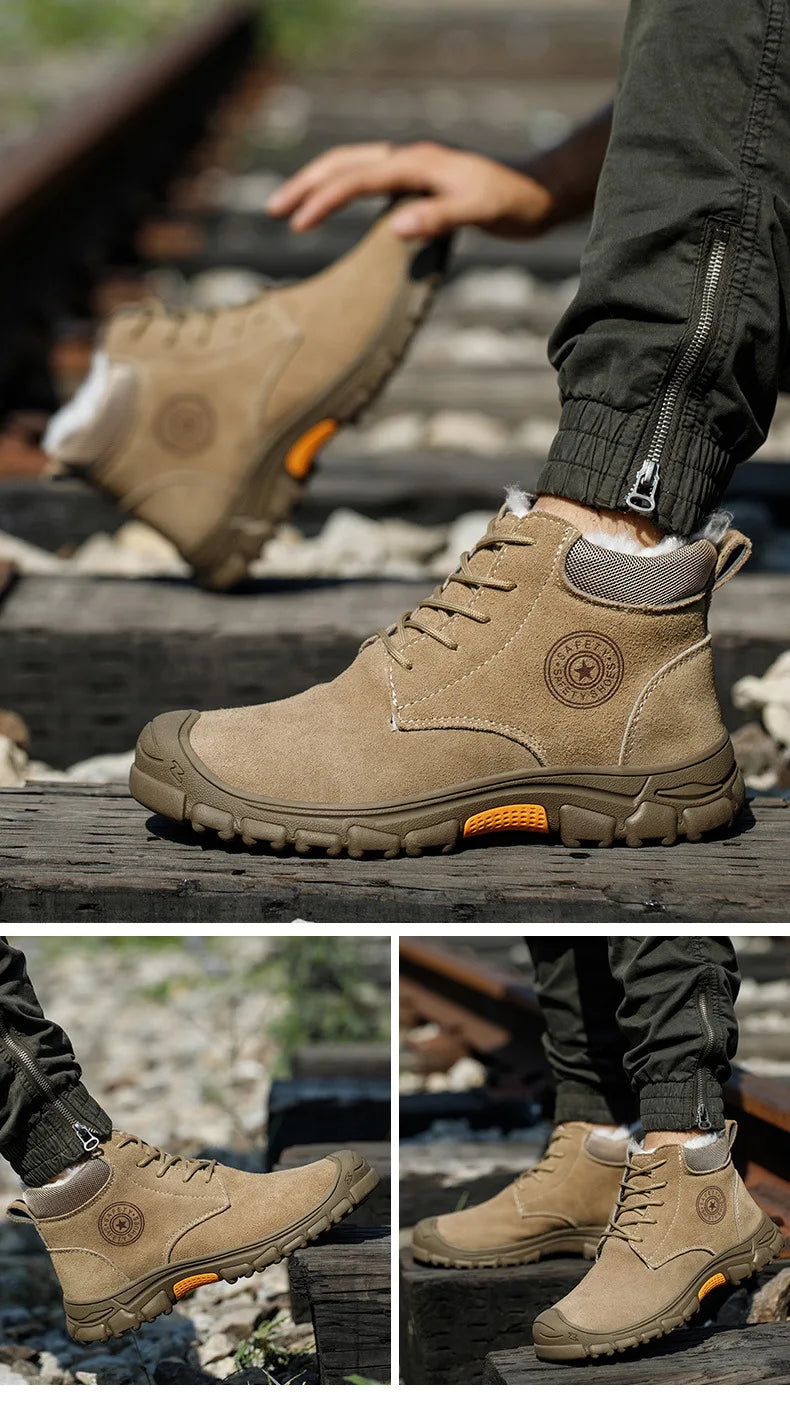 Imwete Steel Toe Work Safety Boot Men's High Top Anti Piercing Cotton Shoe Winter Thick Velvet Warm Safety Shoes Anti Smashing
