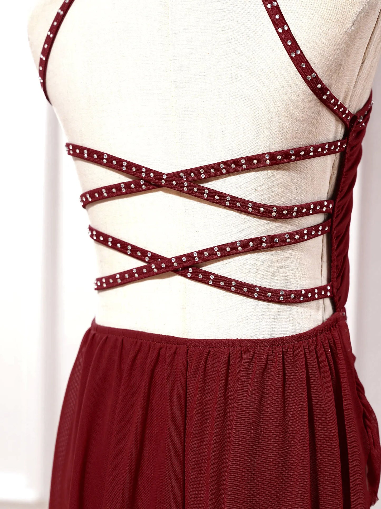 Kids Girls Lyrical Dance Leotard Dress Halter Backless Cutout Back Shiny Rhinestones Ruched Mesh Drape Dresses Modern Dancewear
