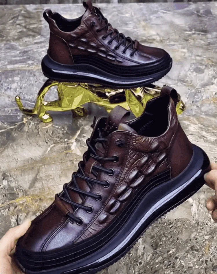 Men's winter thick bottom casual shoes light luxury fashion Air Cushion Cowhide Crocodile Print Sneakers Height Lifting Non-Slip