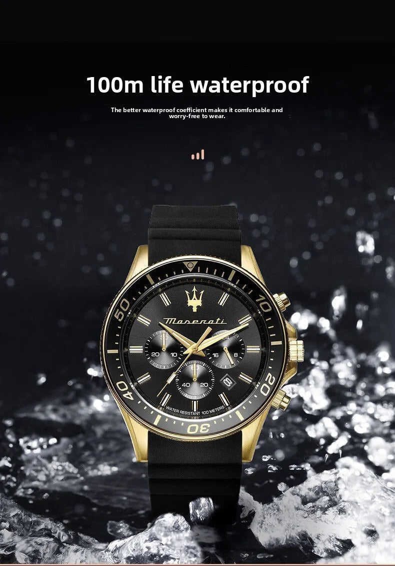 Original gold Maserati men's watch sports leisure luxury Shi Ying Europe and America large dial black silicone watch.