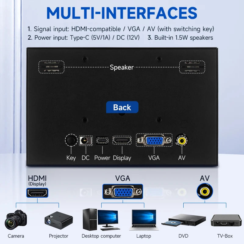 7 Inch Portable Display IPS 1024x600 LCD HDMI-compatible VGA AV Input DC Type C Power In for PC Laptop Camera TV Box DVD Screen