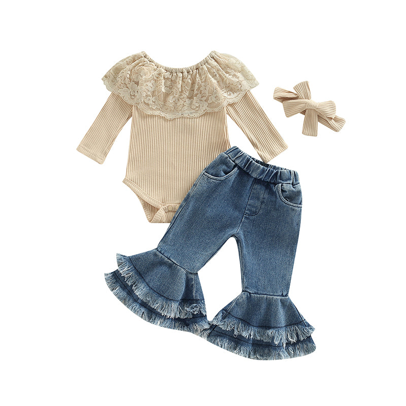 Kids Girls Pants Suit, Long Sleeve Round Neck Lace Romper Tops + Casual Denim Bell-Bottoms + Headband