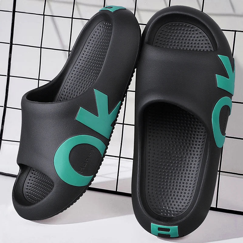 Men's sandals and slippers, printed with letters, casual and fashionable anti slip open toe thick sole slippers, suitable for in