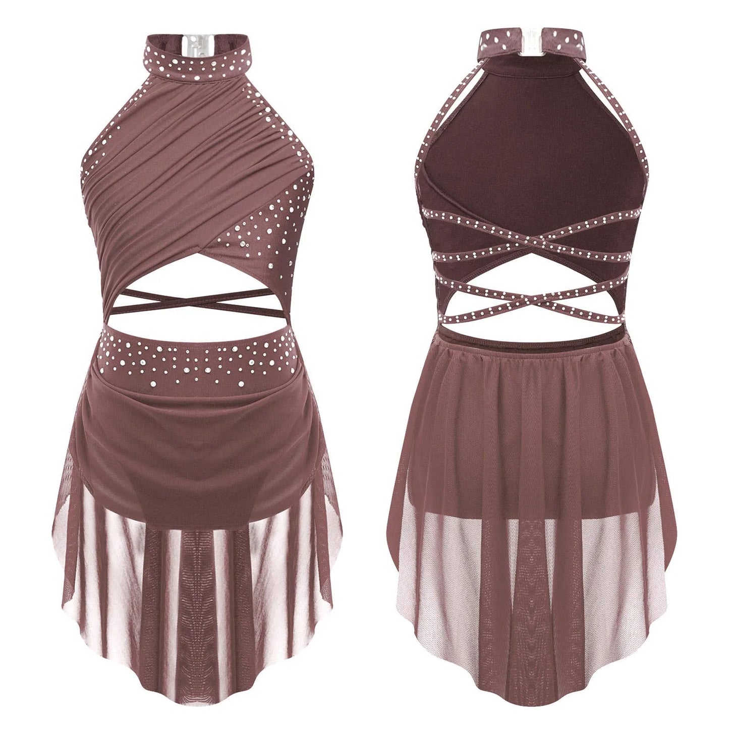 Kids Girls Lyrical Dance Leotard Dress Halter Backless Cutout Back Shiny Rhinestones Ruched Mesh Drape Dresses Modern Dancewear