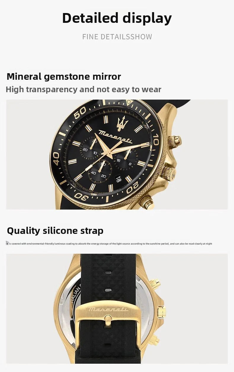 Original gold Maserati men's watch sports leisure luxury Shi Ying Europe and America large dial black silicone watch.