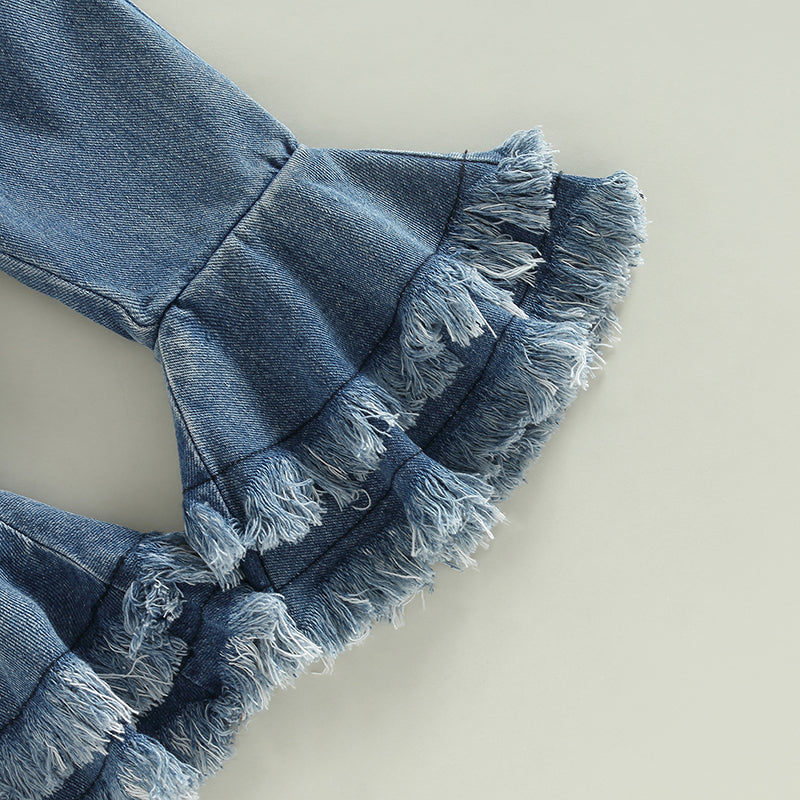 Kids Girls Pants Suit, Long Sleeve Round Neck Lace Romper Tops + Casual Denim Bell-Bottoms + Headband
