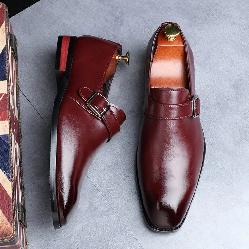 Man Retro Casual Business Shoes Microfiber Leather Square Toe Slip-on Buckle Dress Office Flats For Men Wedding Party Oxfords
