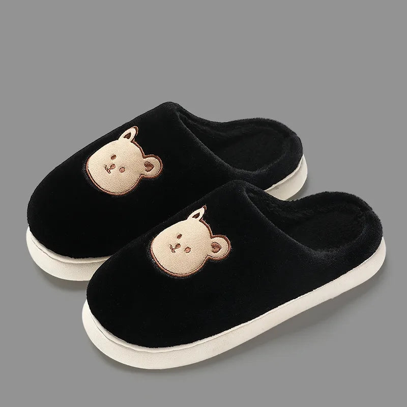 New Women Home Slippers Men Furry Indoor Bedroom Flats Warm Plush Couples Cute Cartoon Bear Winter Floor Slides Non-slip Shoes