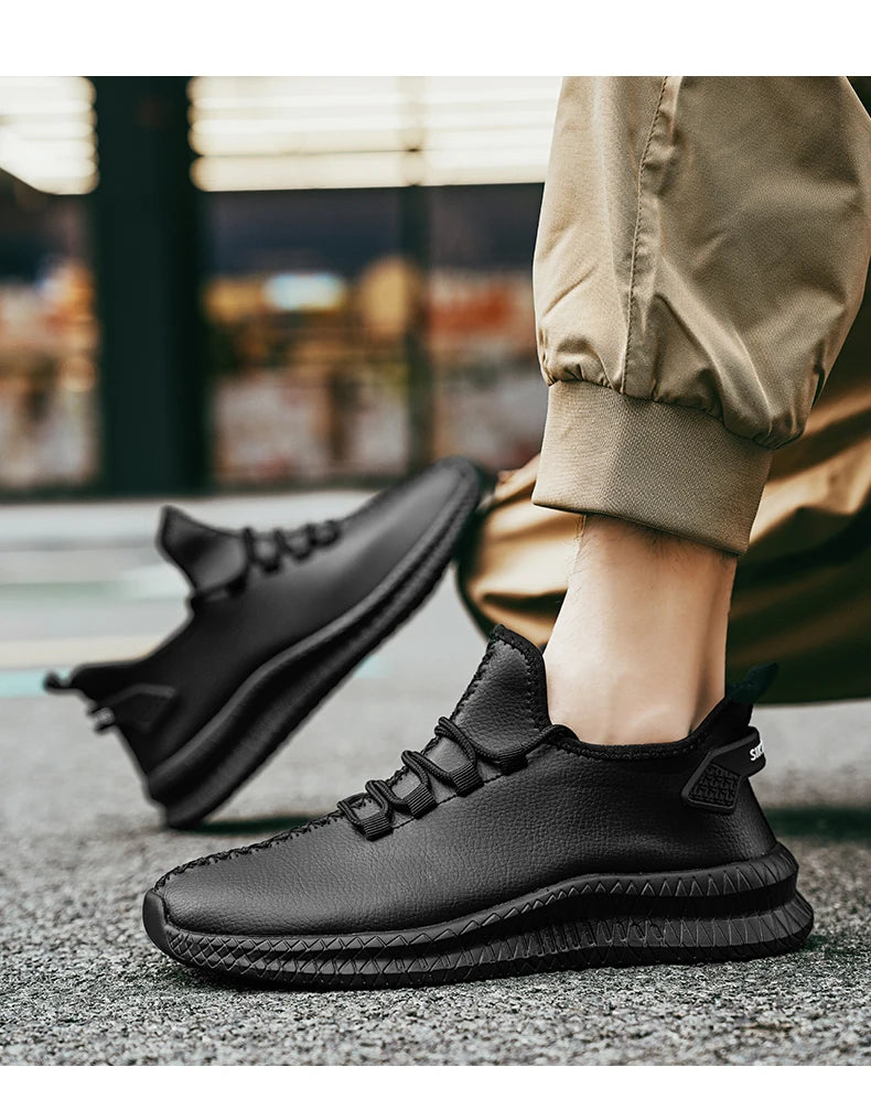 HKDQ New Men Casual Sneakers Waterproof Non Slip Outdoor Sneakers Male Artificial Leather Lace Up Low Top Lightweight Footwear
