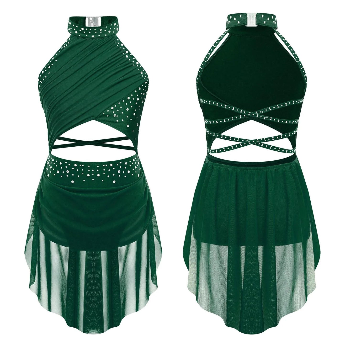Kids Girls Lyrical Dance Leotard Dress Halter Backless Cutout Back Shiny Rhinestones Ruched Mesh Drape Dresses Modern Dancewear