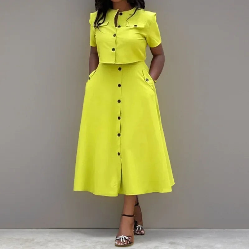 Elegant Solid Color Short Sleeve Women's Set Spring Lazy Style Fashionable Casual Skirt And Top Ensemble from Mainland China