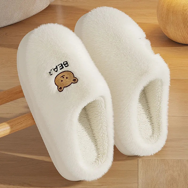 New Women Home Slippers Men Furry Indoor Bedroom Flats Warm Plush Couples Cute Cartoon Bear Winter Floor Slides Non-slip Shoes
