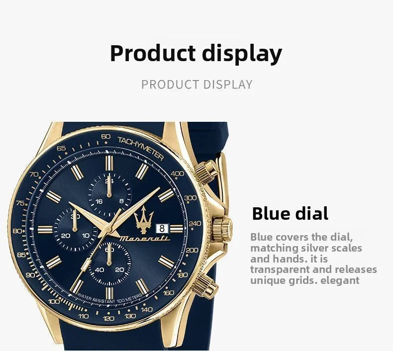 Original gold Maserati men's watch sports leisure luxury Shi Ying Europe and America large dial black silicone watch.