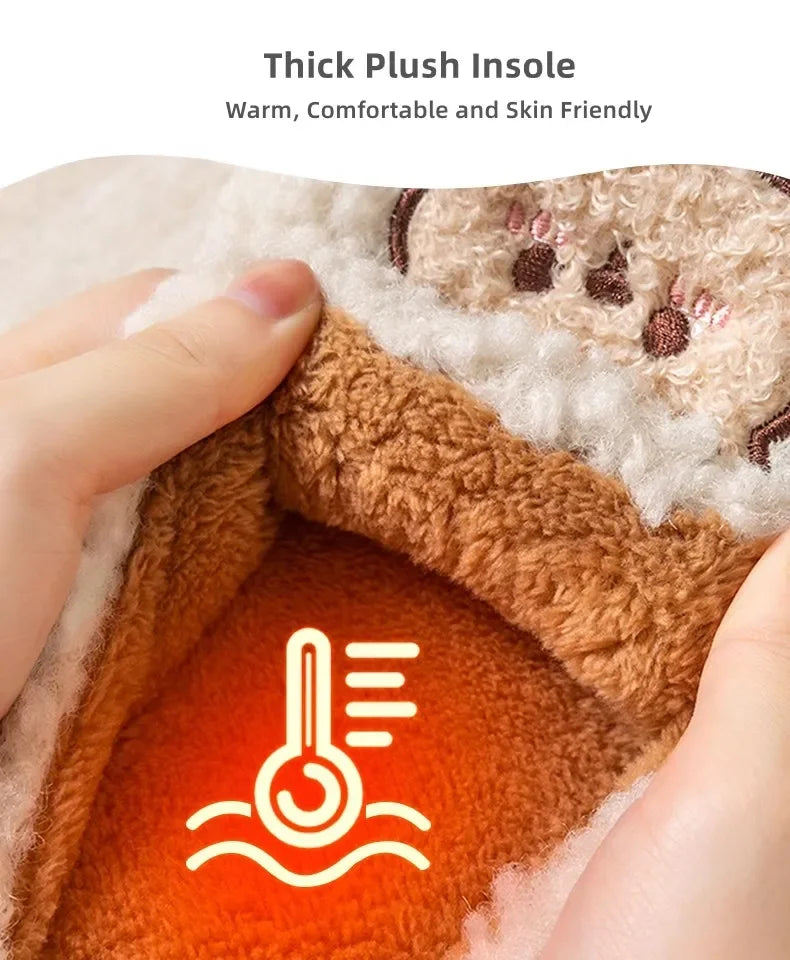 New Women Home Slippers Men Furry Indoor Bedroom Flats Warm Plush Couples Cute Cartoon Bear Winter Floor Slides Non-slip Shoes