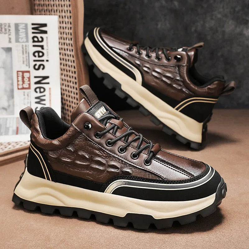 Brand Men Sneakers 2025 New Crocodile Pattern Leather Shoes Male Casual Running Shoes Luxury Fashion Platform Mens Tennis Shoes