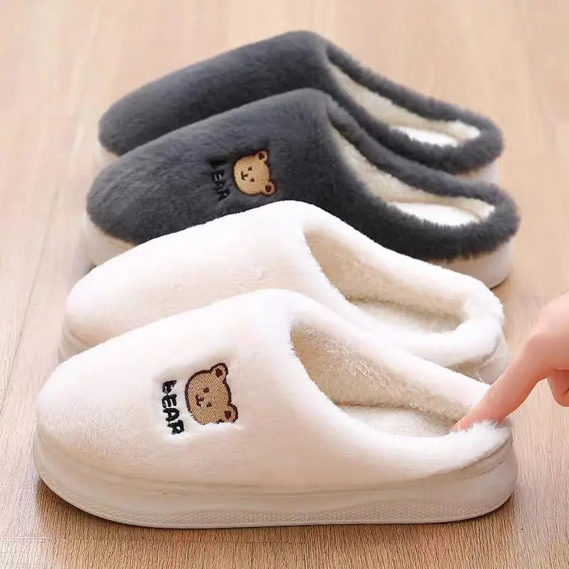 New Women Home Slippers Men Furry Indoor Bedroom Flats Warm Plush Couples Cute Cartoon Bear Winter Floor Slides Non-slip Shoes