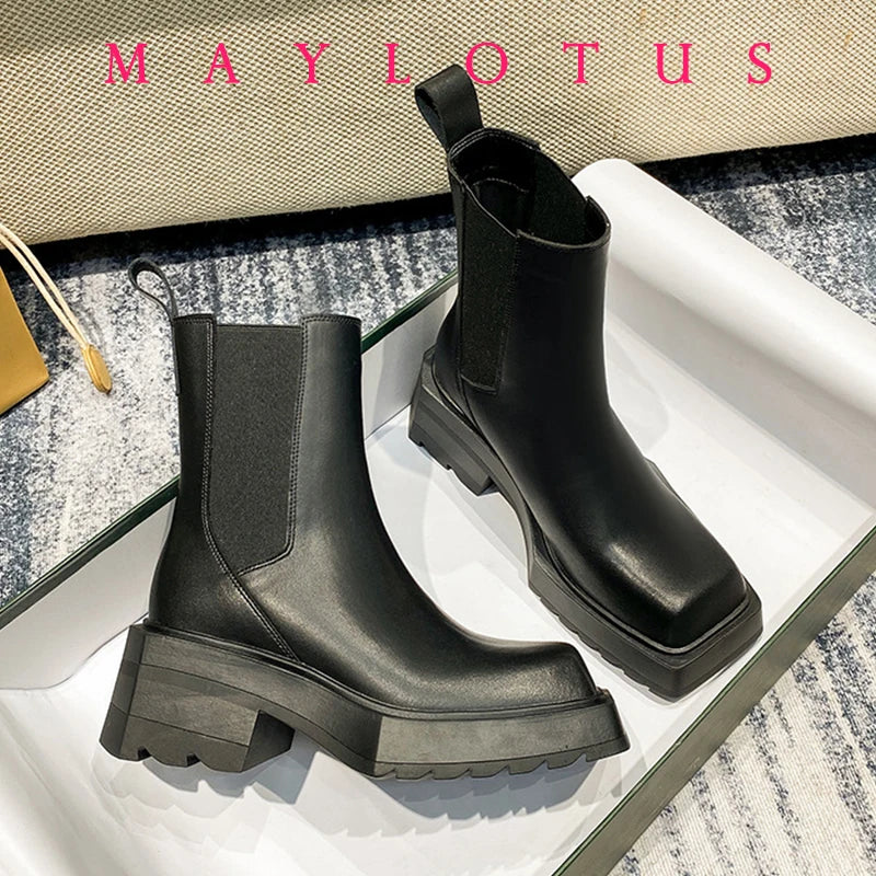 Chelsea Boots Women Cow Leather Square Toe Fashion Slip On Thick Sole Block Heel Ladies Flat Shoes Winter Ankle Boots