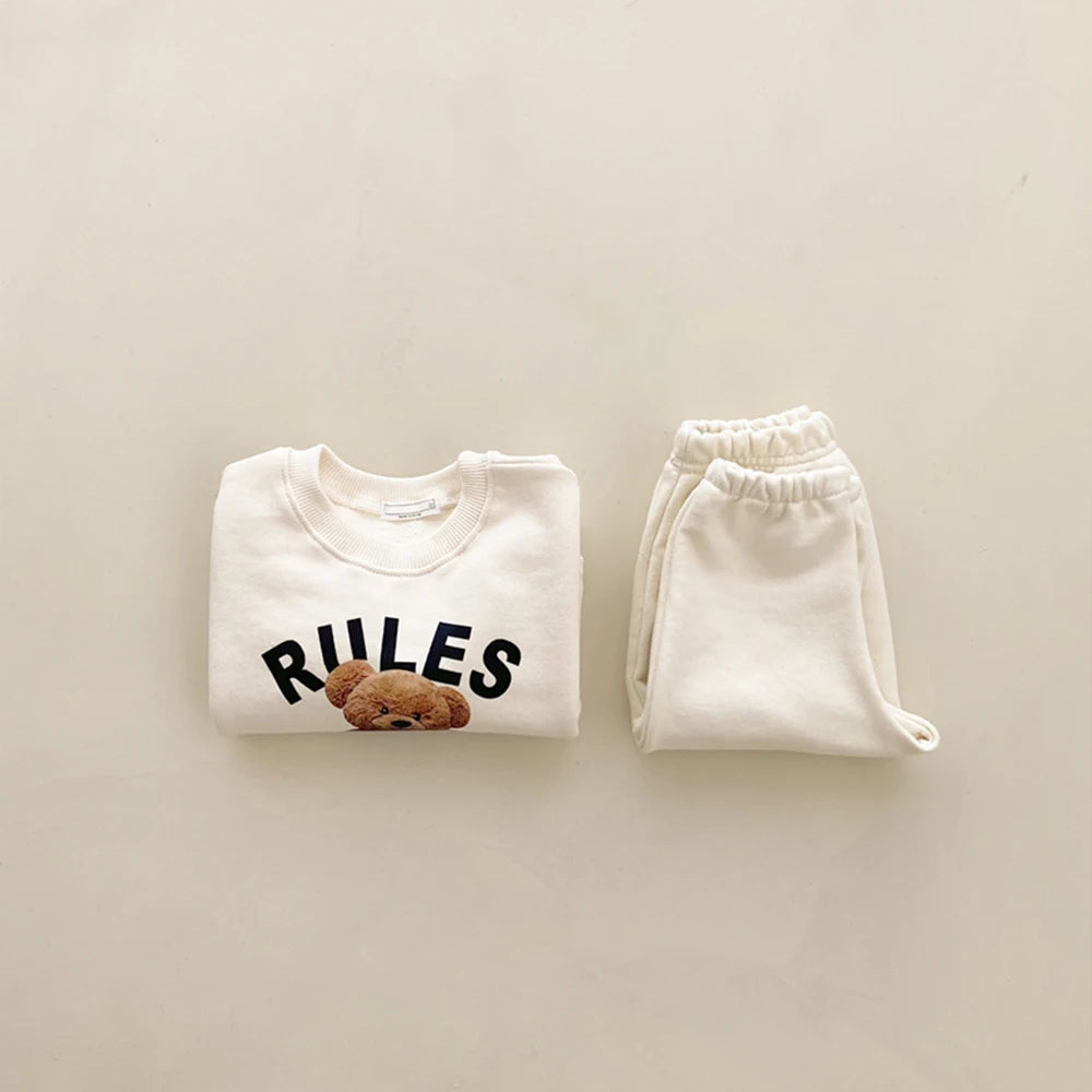 Korean 1-4Y Boys Outfit Set Toddler Girls Clothes Set Fashion Sweatshirt Tops +White Pants Spring Cartoon Bear Kids Clothes Suit