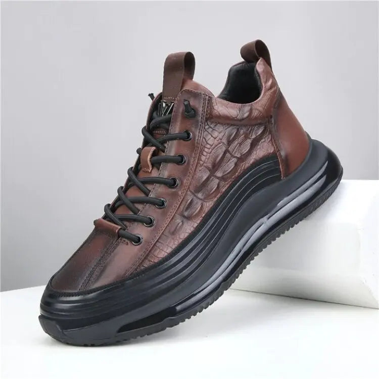 Men's winter thick bottom casual shoes light luxury fashion Air Cushion Cowhide Crocodile Print Sneakers Height Lifting Non-Slip