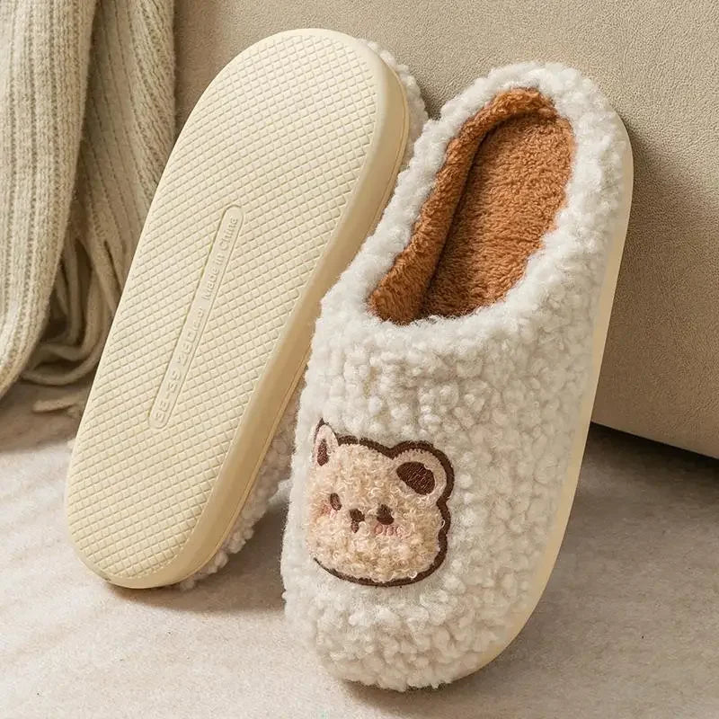 New Women Home Slippers Men Furry Indoor Bedroom Flats Warm Plush Couples Cute Cartoon Bear Winter Floor Slides Non-slip Shoes