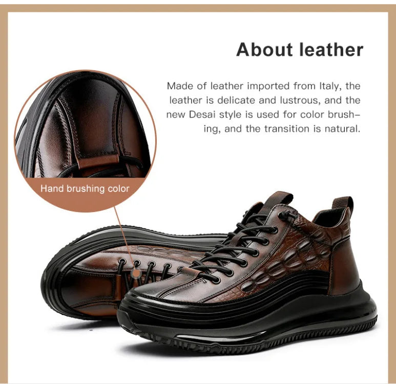 Men's winter thick bottom casual shoes light luxury fashion Air Cushion Cowhide Crocodile Print Sneakers Height Lifting Non-Slip