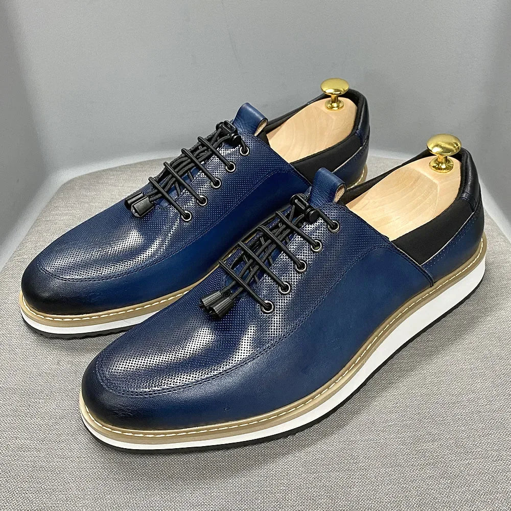 Men's Casual Fashion Shoes 2022 High-Quality Genuine Leather Lace-Up Luxury Sneakers Blue/Black Breathable Flat Oxfords