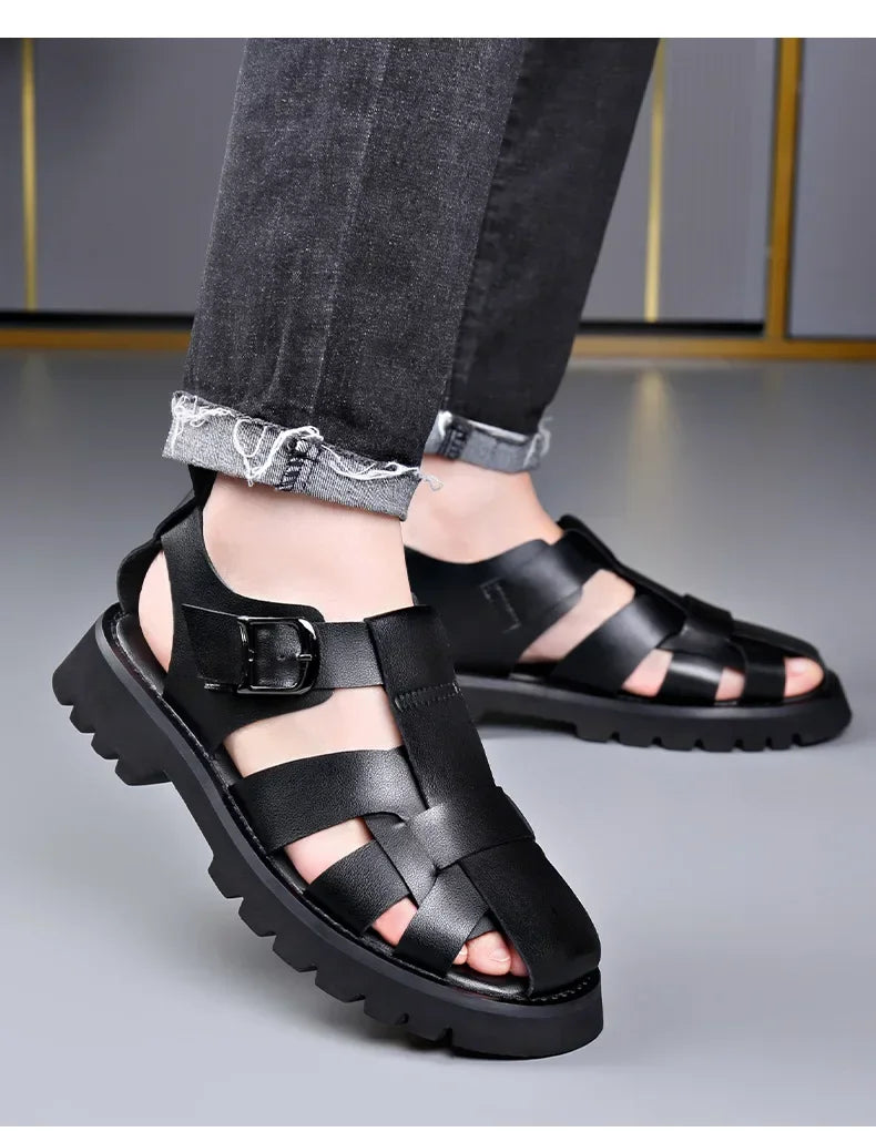 Men Sandals Cow Leather Roman Sandals for Men Summer Designer Platform Shoes Male Fashion Casual Black Sandals Man