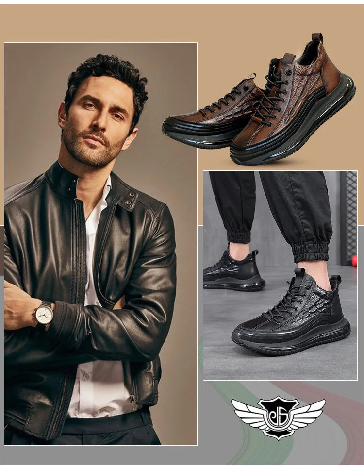 Men's winter thick bottom casual shoes light luxury fashion Air Cushion Cowhide Crocodile Print Sneakers Height Lifting Non-Slip