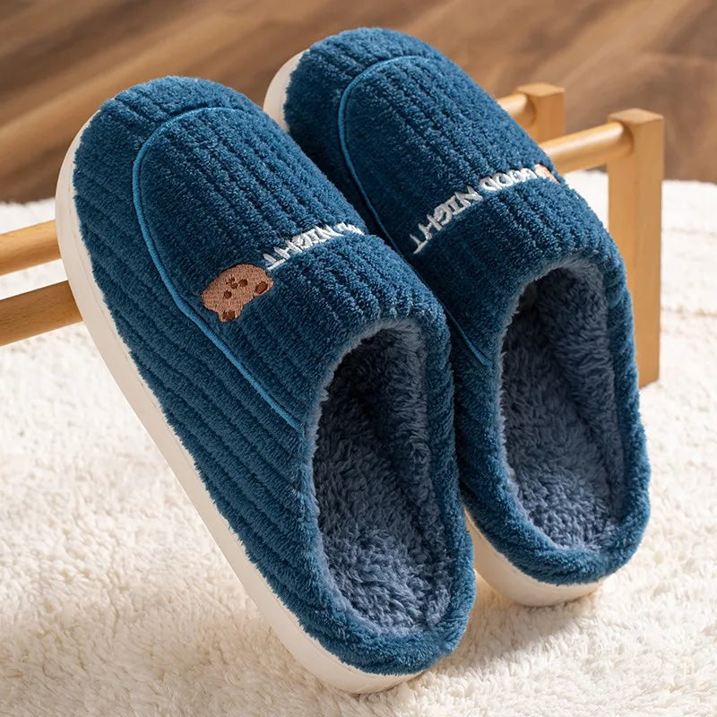 New Women Home Slippers Men Furry Indoor Bedroom Flats Warm Plush Couples Cute Cartoon Bear Winter Floor Slides Non-slip Shoes