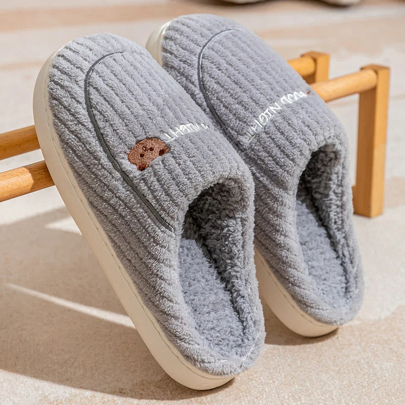 New Women Home Slippers Men Furry Indoor Bedroom Flats Warm Plush Couples Cute Cartoon Bear Winter Floor Slides Non-slip Shoes