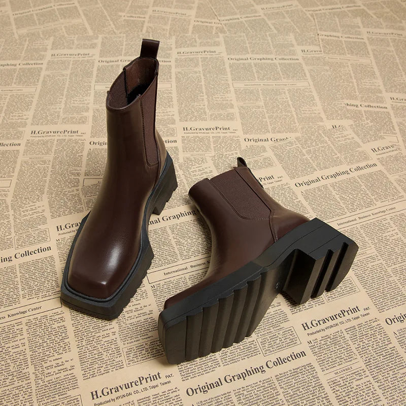 Chelsea Boots Women Cow Leather Square Toe Fashion Slip On Thick Sole Block Heel Ladies Flat Shoes Winter Ankle Boots