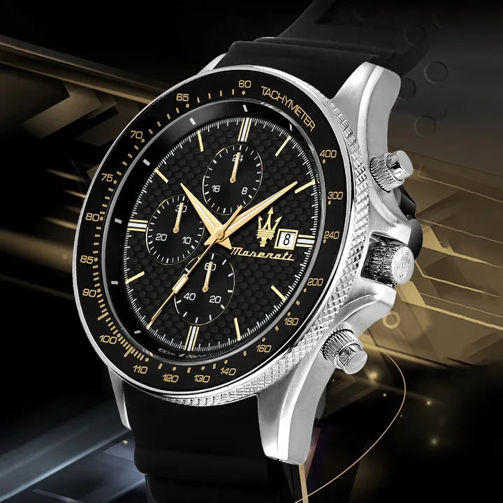 Original gold Maserati men's watch sports leisure luxury Shi Ying Europe and America large dial black silicone watch.