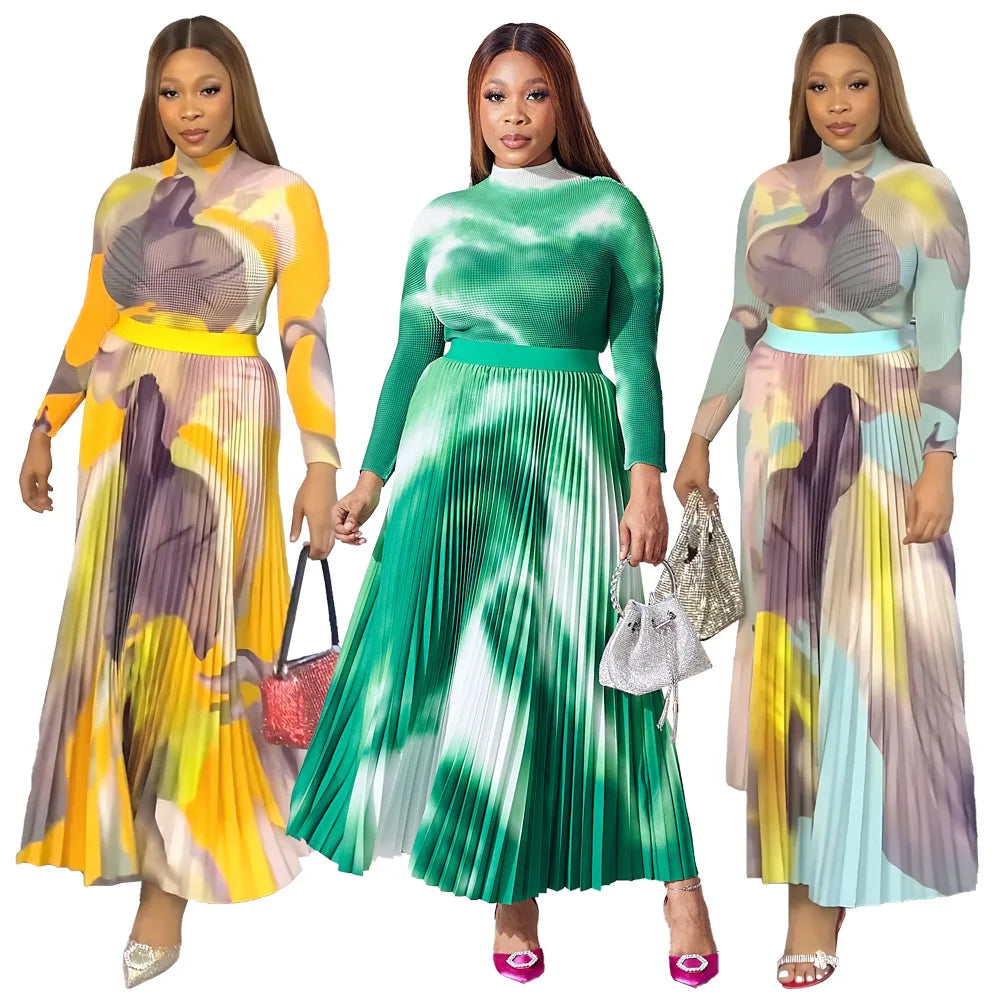 2 Piece Sets Womens Outfits Fashion Waffle Long Sleeved Pullover Short Top Elegant Pleated Skirt Tie Dye Autumn Two-Piece Set