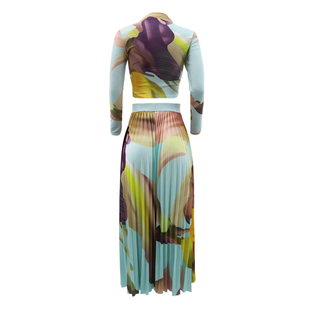 2 Piece Sets Womens Outfits Fashion Waffle Long Sleeved Pullover Short Top Elegant Pleated Skirt Tie Dye Autumn Two-Piece Set