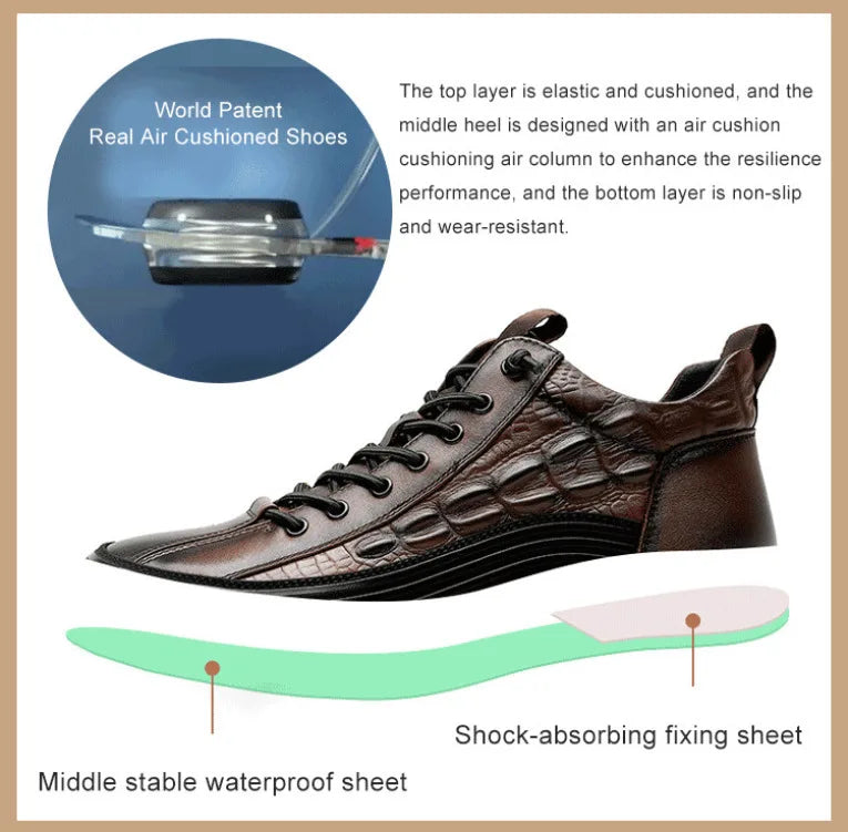 Men's winter thick bottom casual shoes light luxury fashion Air Cushion Cowhide Crocodile Print Sneakers Height Lifting Non-Slip