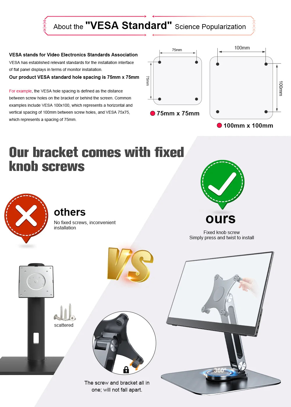 Aluminum Alloy Stand for Protable Monitor Table Bracket Adjustable 360 Rotation M4 Screw Bases Strong Load Capacity Super Stable