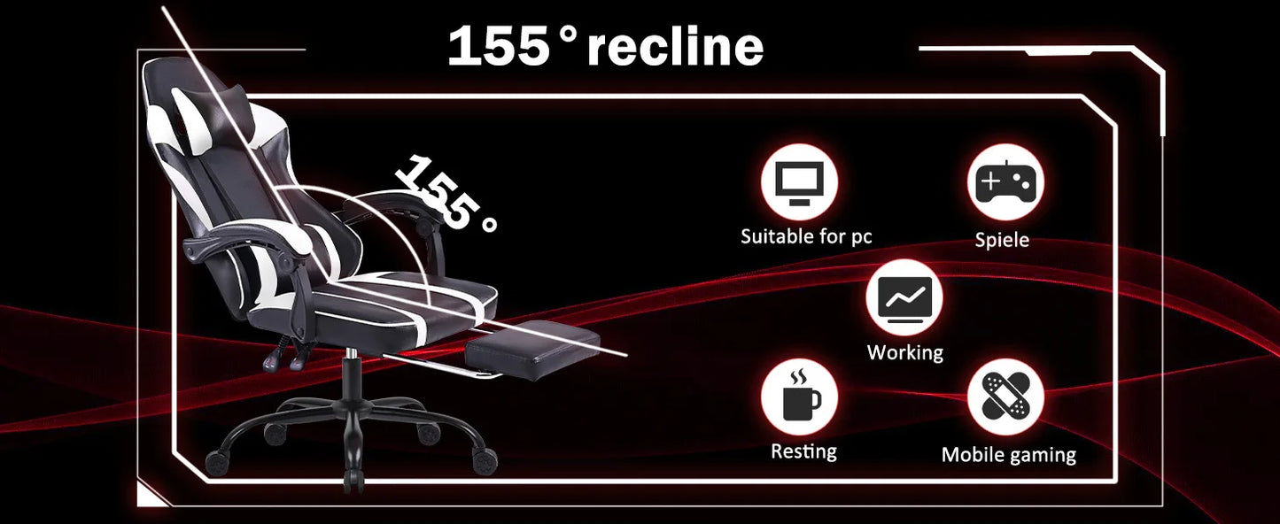 Ergonomic Gaming Chair with Footrest, High-Back Video Game Chair Computer Chair, Office Chair with Headrest and Lumbar, PU Leath