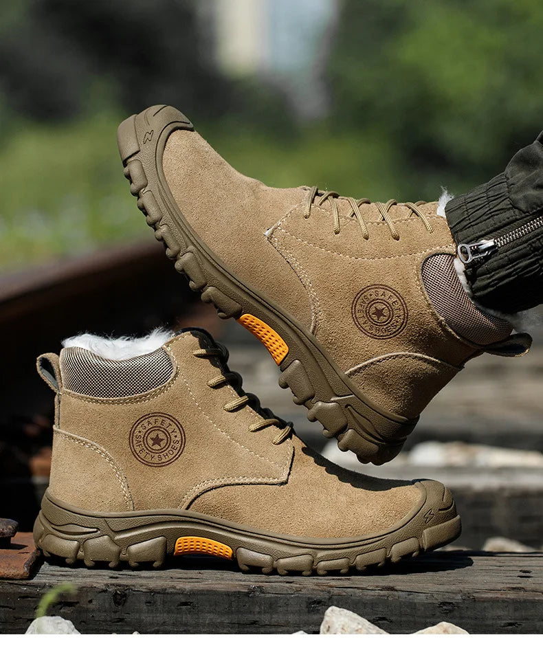 Imwete Steel Toe Work Safety Boot Men's High Top Anti Piercing Cotton Shoe Winter Thick Velvet Warm Safety Shoes Anti Smashing