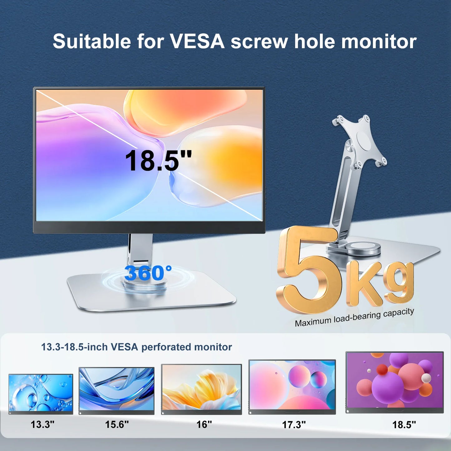 Portable monitor stand aluminum alloy desktop 360 ° rotation, VESA 75x75 suitable for M4 screws 5KG load capacity ultra stable