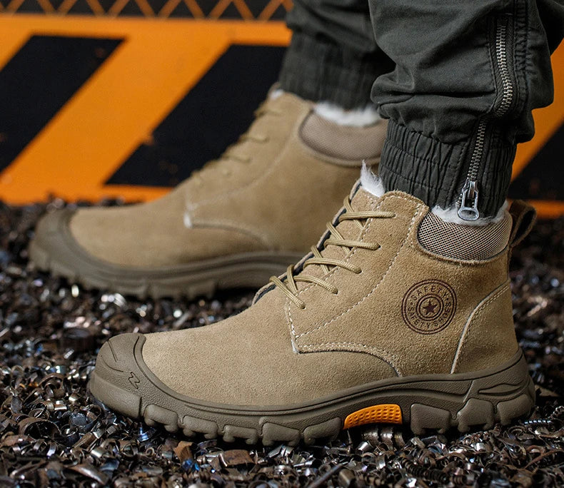 Imwete Steel Toe Work Safety Boot Men's High Top Anti Piercing Cotton Shoe Winter Thick Velvet Warm Safety Shoes Anti Smashing