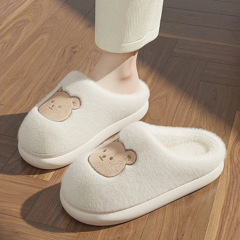 New Women Home Slippers Men Furry Indoor Bedroom Flats Warm Plush Couples Cute Cartoon Bear Winter Floor Slides Non-slip Shoes