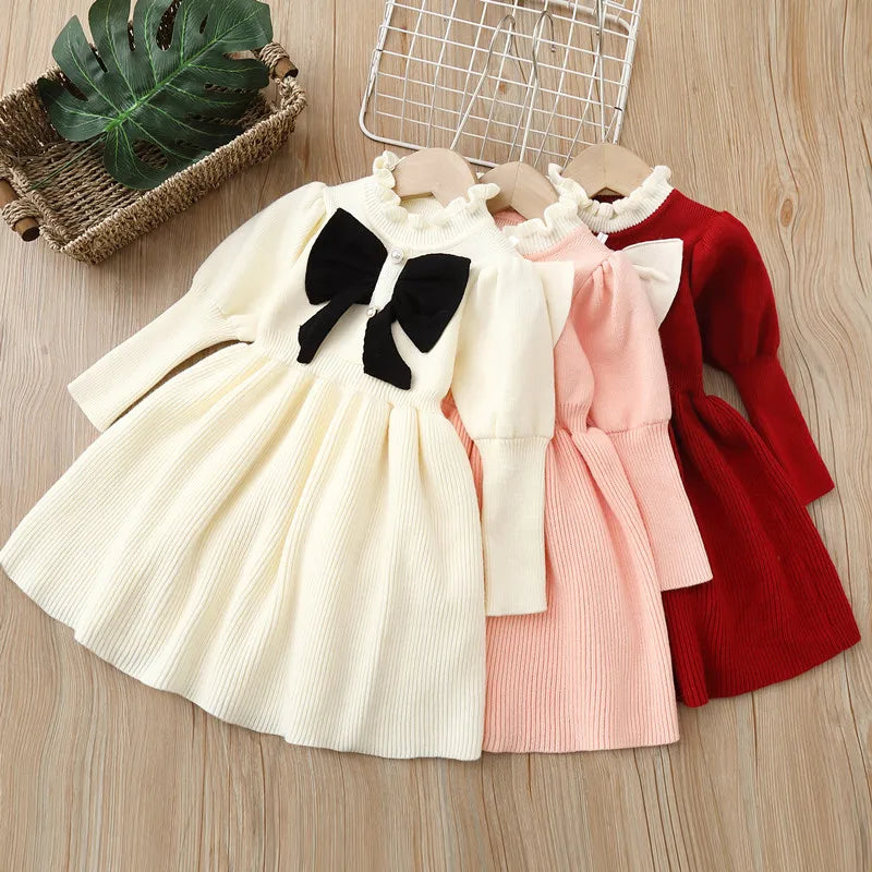Kids Dresses for Girl Woolen Dress Children Knitted Jumpsuit Bow  Fashion Long Dress Baby Girl Dress Summer Dresses Ropa De Niña
